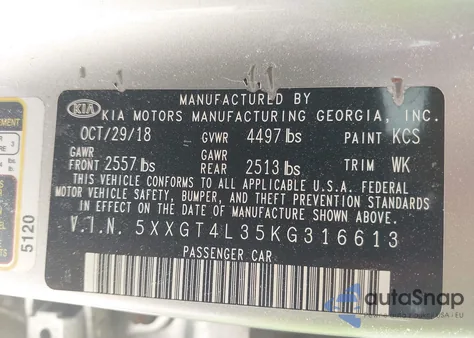 2019 Kia Optima Lx из США, поврежденный, VIN 5XXGT4L35KG316613